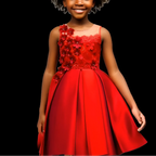 Young girl wearing a red dress with floral details on a black background