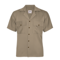 Beige short-sleeve shirt with button details on a white background