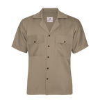 Beige short-sleeve shirt with button details on a white background