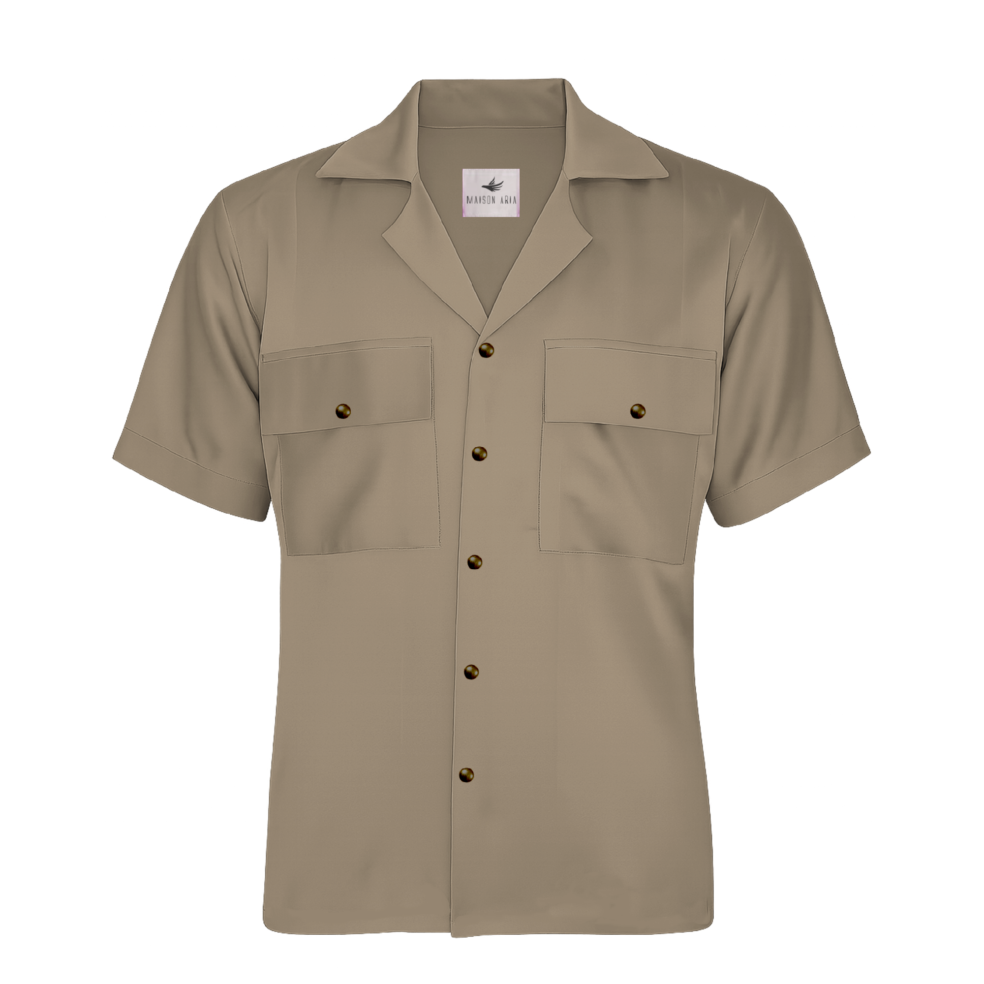 Beige short-sleeve shirt with button details on a white background