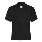 Black short-sleeve shirt with button details on a white background