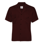 Burgundy short-sleeve shirt with button details on a white background