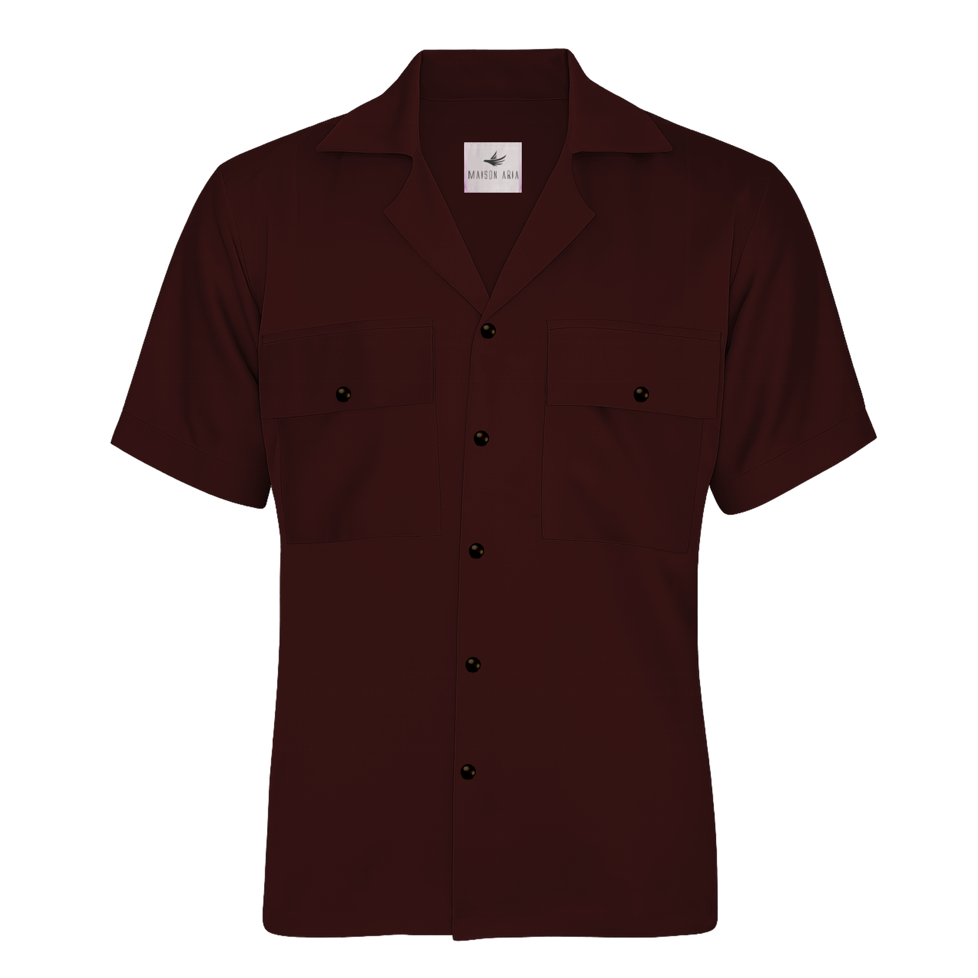 Burgundy short-sleeve shirt with button details on a white background