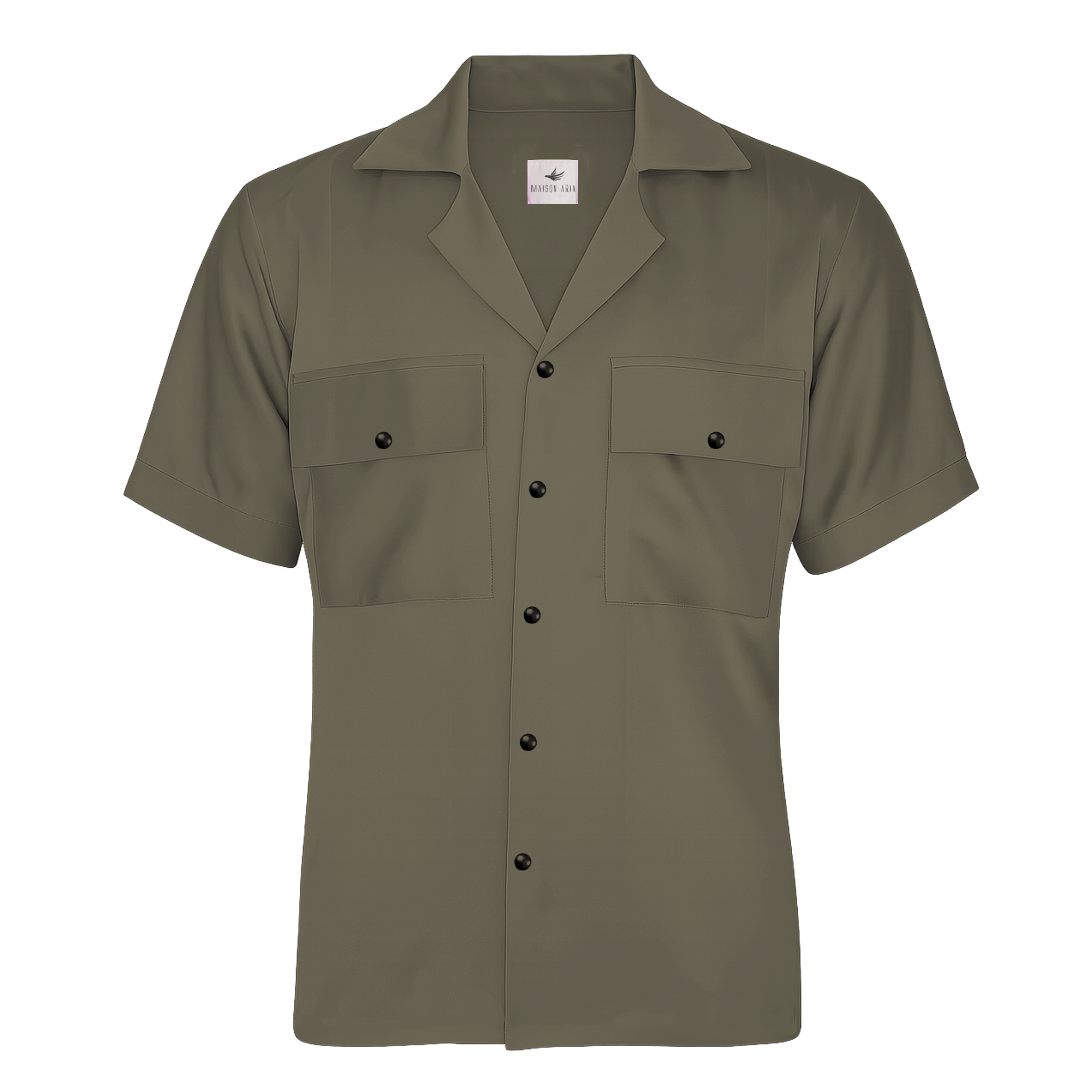 Green short-sleeve shirt with button details on a white background