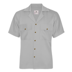White short-sleeve shirt with gold buttons on a white background