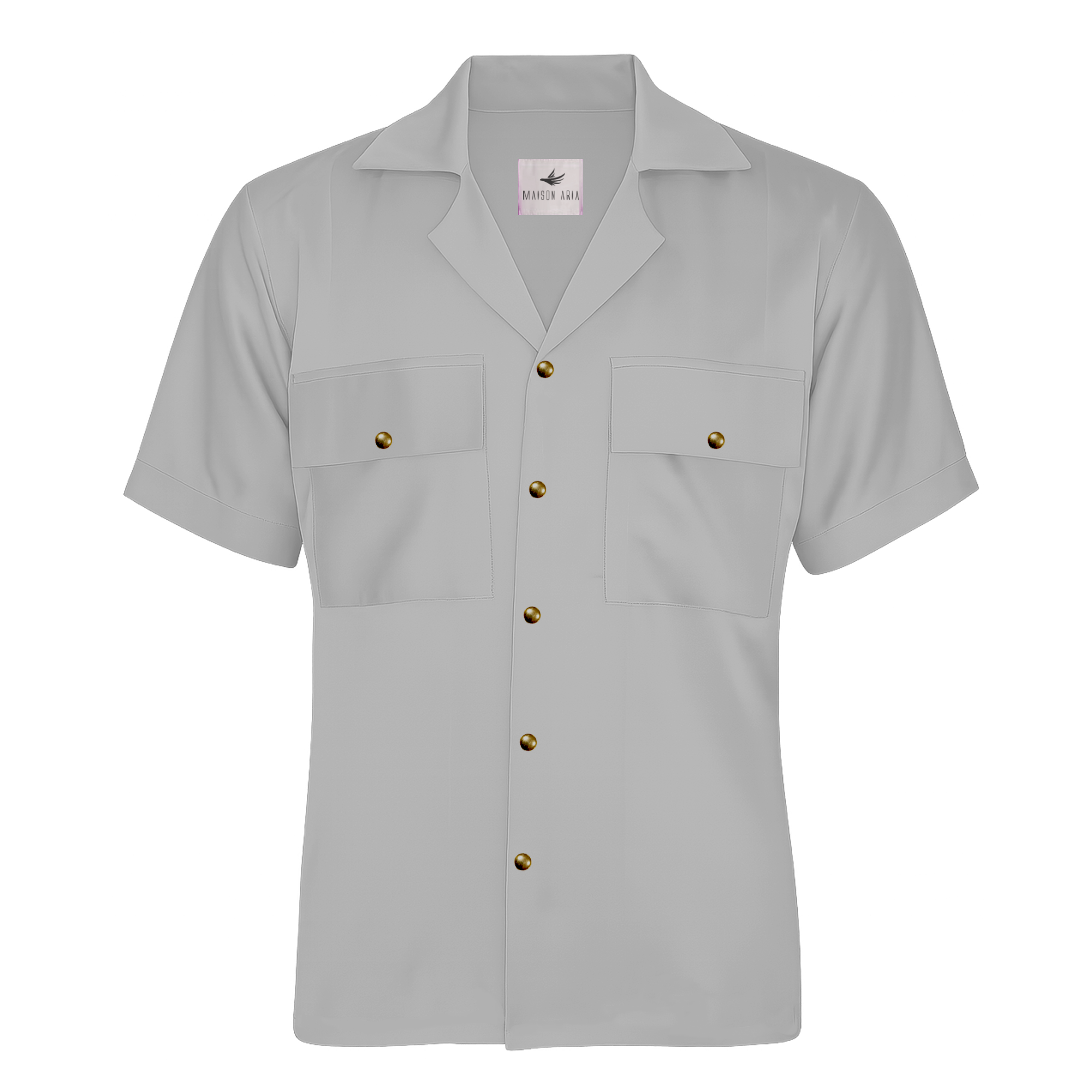 White short-sleeve shirt with gold buttons on a white background