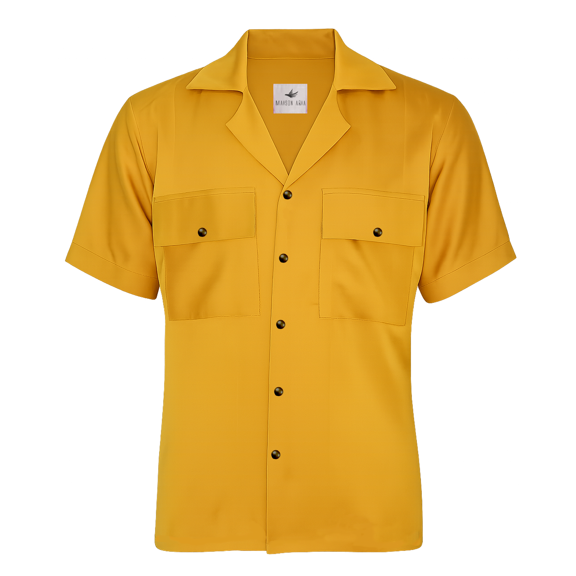 Yellow short-sleeve shirt with button details on a white background