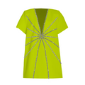 Lime green t-shirt with silver embellishments on a white background