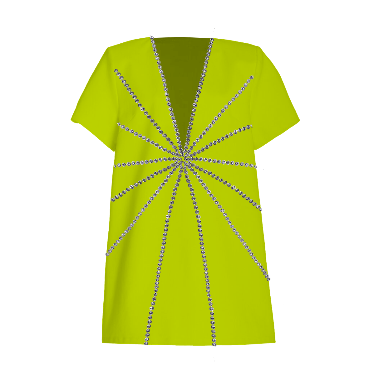 Lime green t-shirt with silver embellishments on a white background