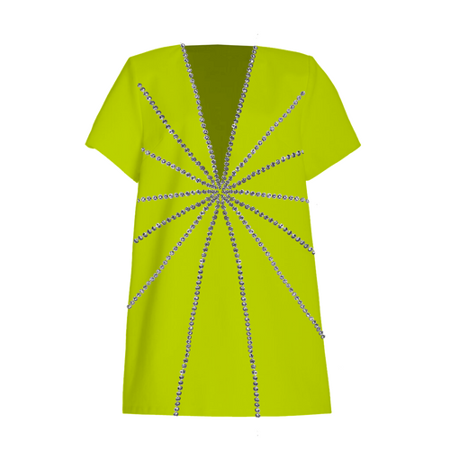 Lime green t-shirt with silver embellishments on a white background
