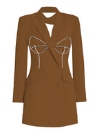 Brown blazer dress with a decorative bow on a white background