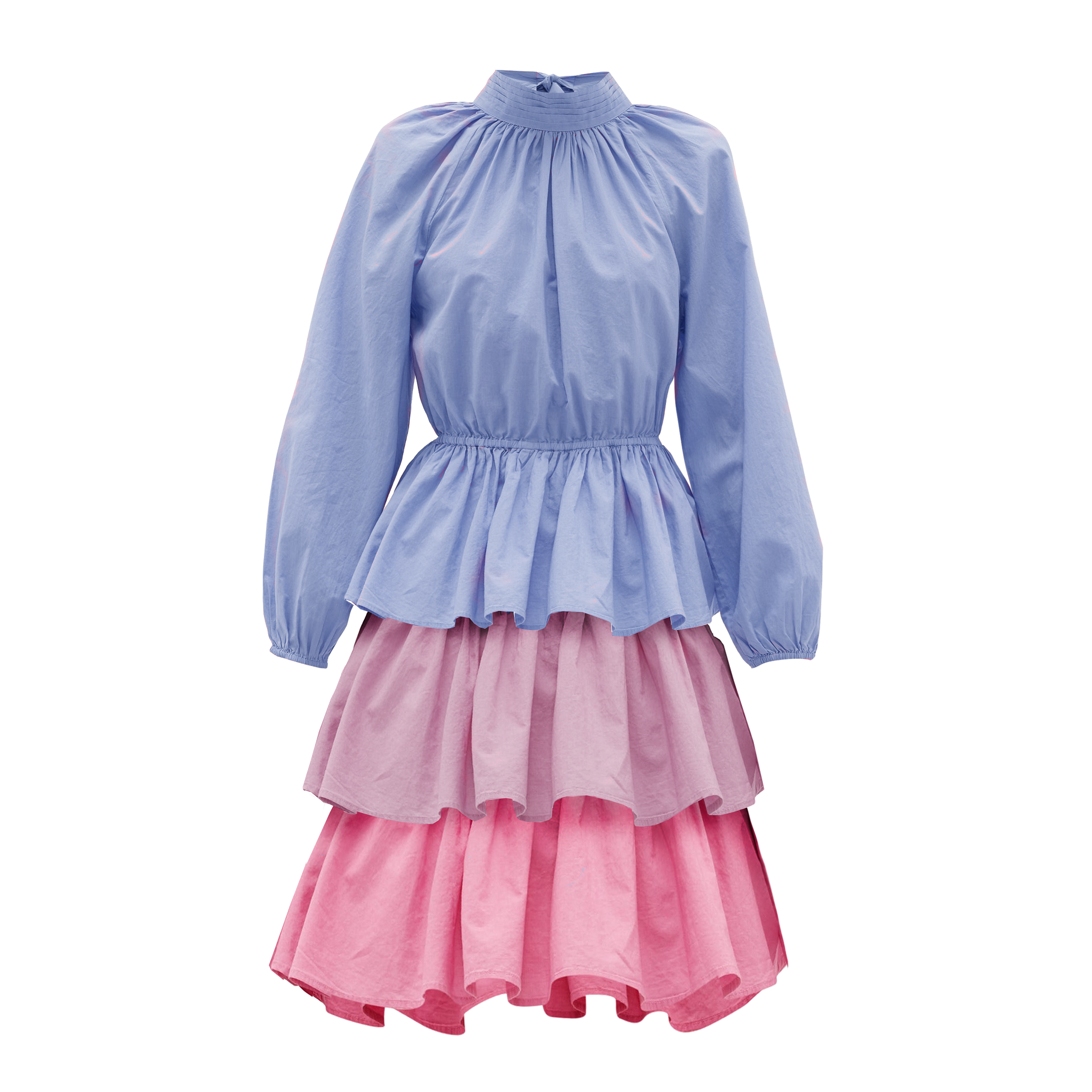 Two-tone blue and pink dress with long sleeves on a white background