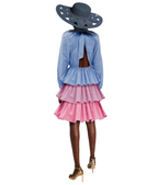 Person wearing a blue and pink dress with a wide-brimmed hat on a white background