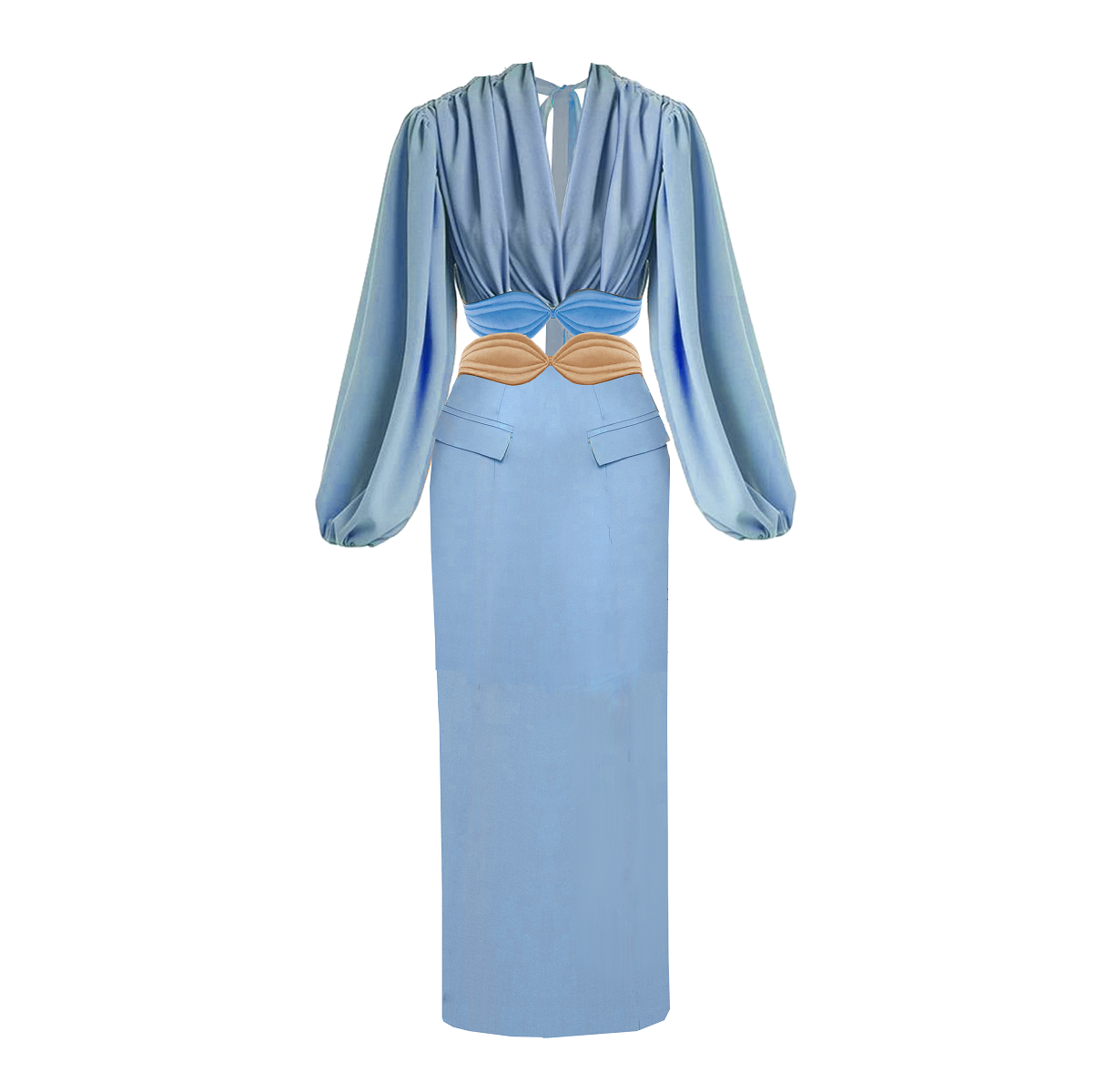 Light blue dress with long sleeves on a white background