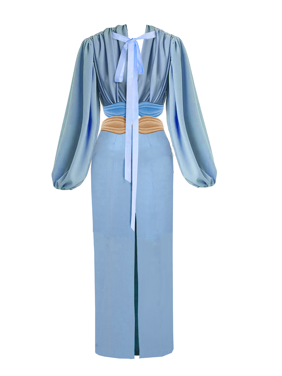 Long light blue dress with a belt on a white background