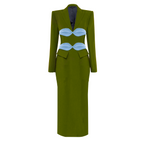 Green dress with blue accents on a white background