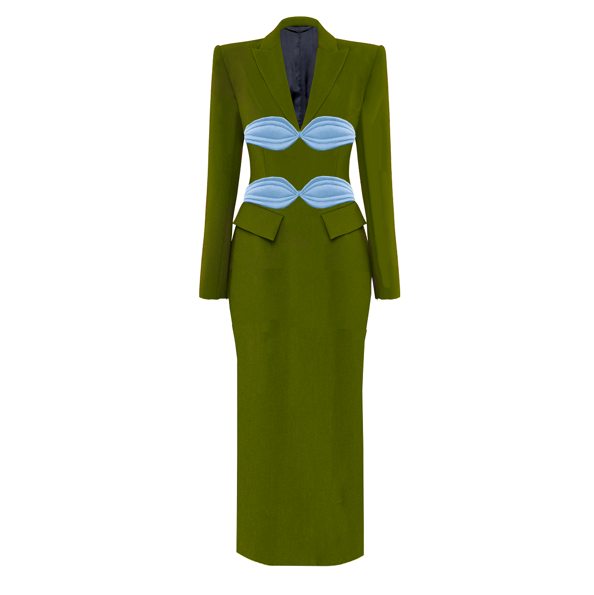 Green dress with blue accents on a white background