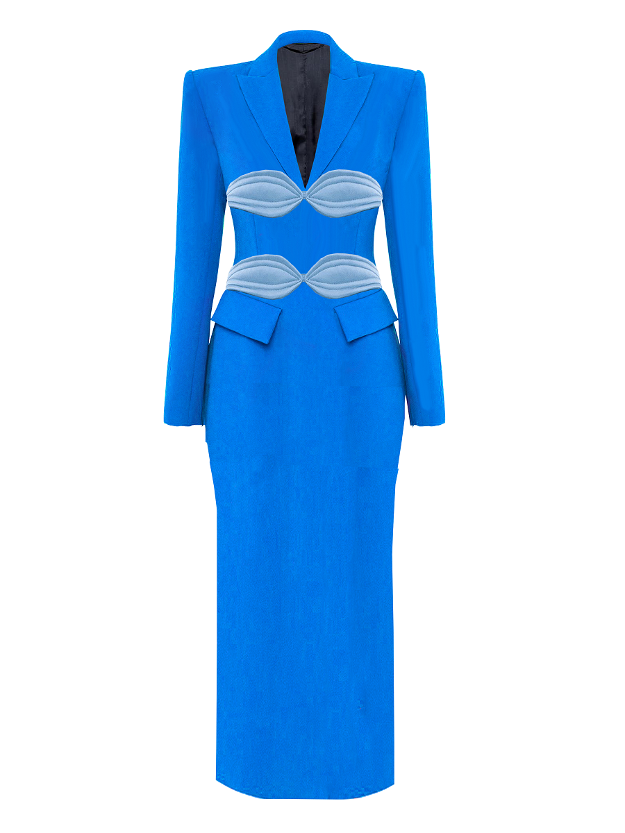 Blue dress with a strapless top and long skirt on a white background