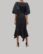 Black dress with puff sleeves on a white background