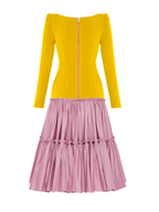 Yellow top and pink skirt on a white background