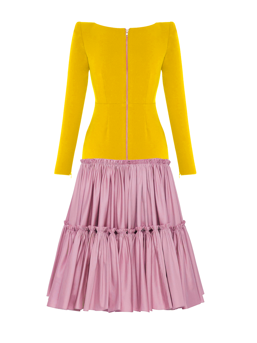 Yellow top and pink skirt on a white background