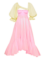 Pink dress with yellow sheer sleeves on a white background