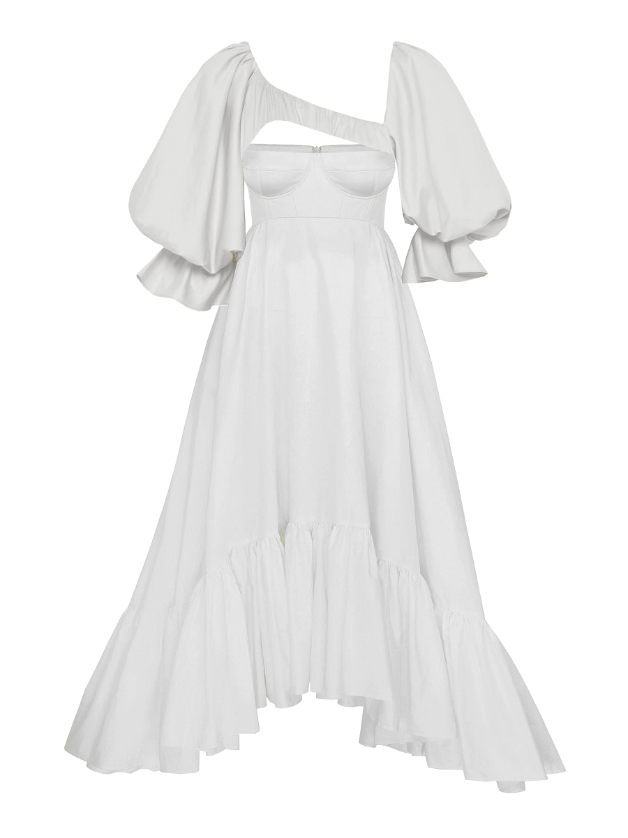 White dress with puffed sleeves on a white background