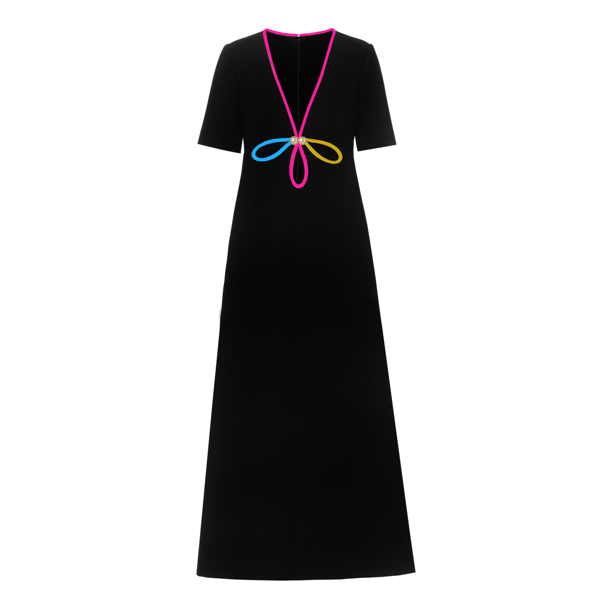 Black dress with colorful bow design on a white background