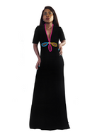 Woman wearing a black dress with colorful sunglasses design on a white background