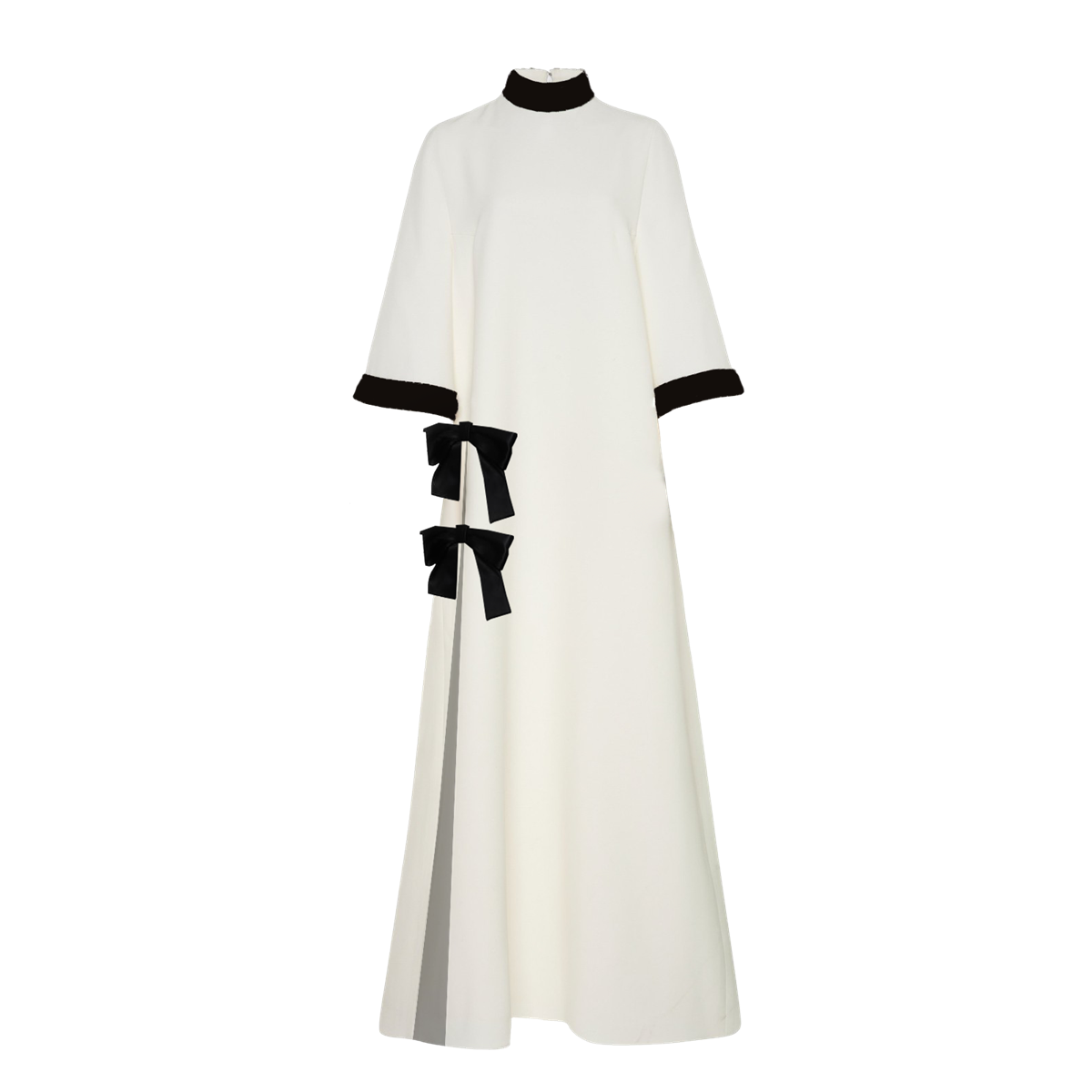 White dress with black accents on a white background