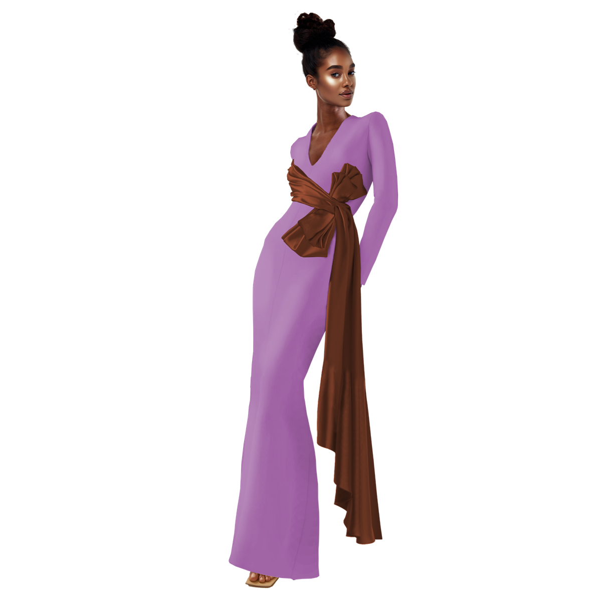 Woman wearing a long purple dress with a brown belt on a white background
