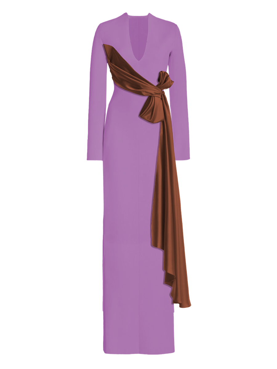 Purple dress with a brown sash on a white background