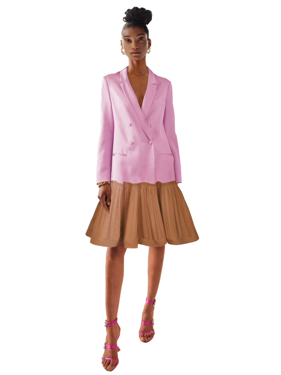 Woman wearing a pink blazer and brown skirt on a white background