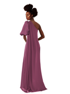 Woman wearing a one-shoulder purple gown on a white background