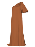 Brown one-shoulder dress on a white background