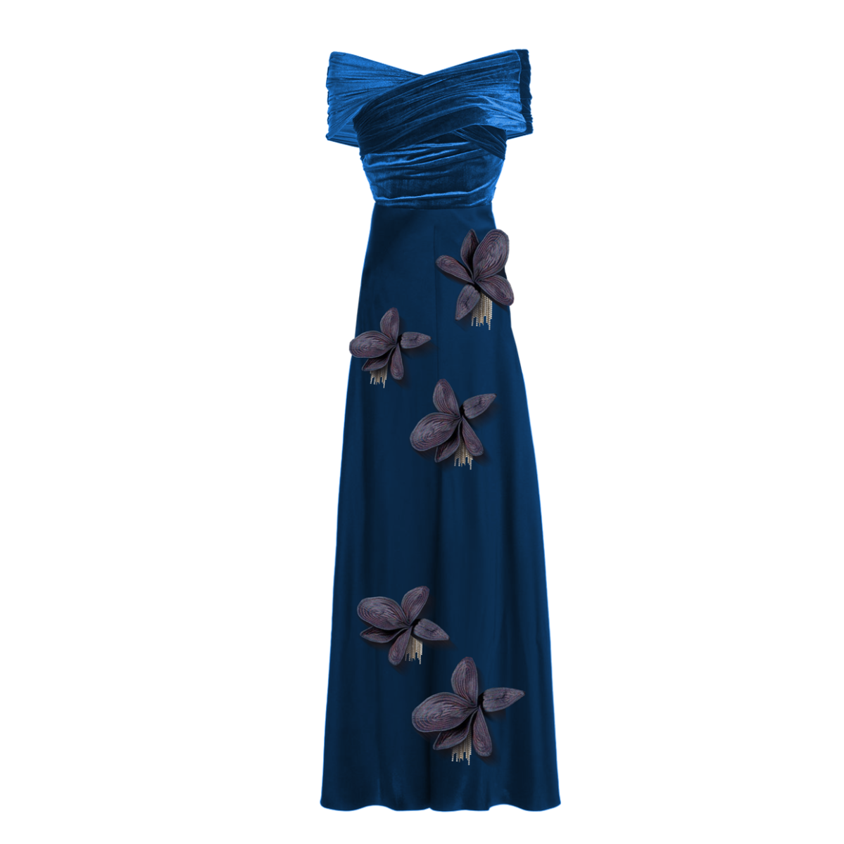 Blue evening gown with floral embellishments on a white background