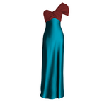Teal evening gown with a red bow on a white background
