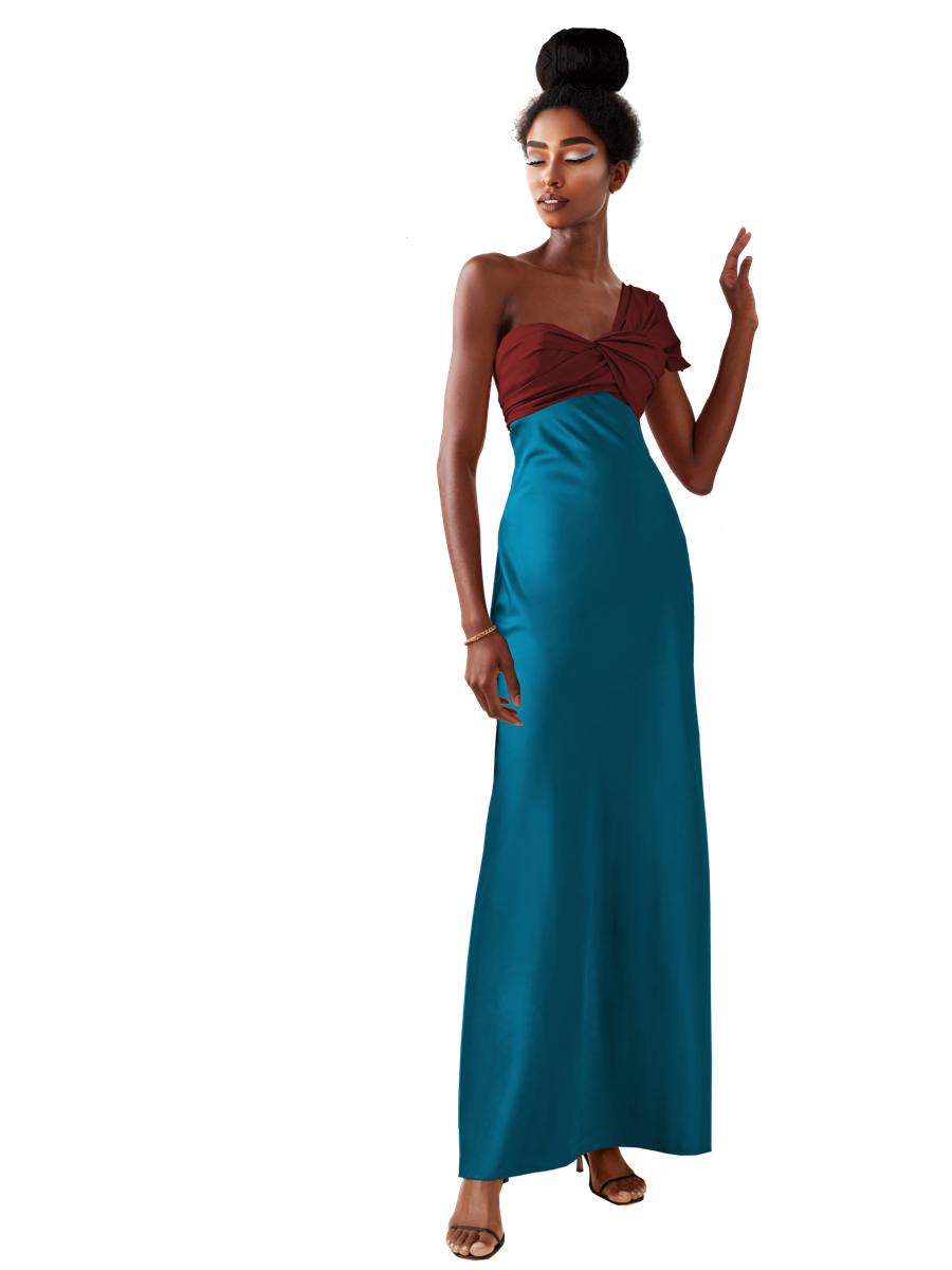 Woman wearing a strapless gown with a brown top and teal skirt on a white background