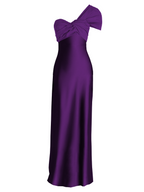 Purple evening gown with a bow detail on a white background