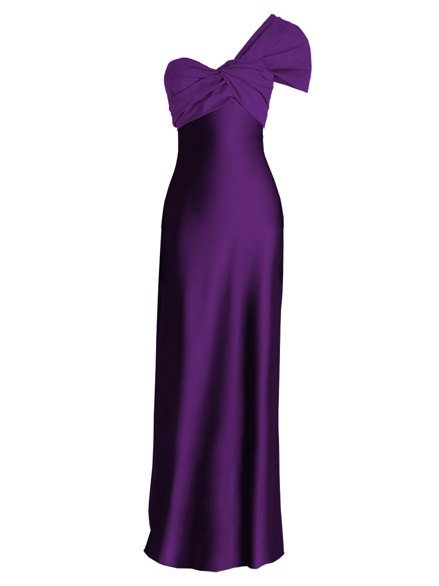 Purple evening gown with a bow detail on a white background