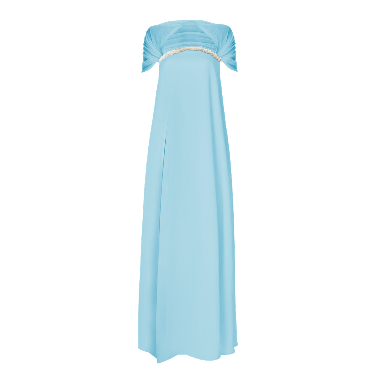 Light blue strapless gown on a white background