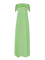 Green strapless dress with embellishments on a white background