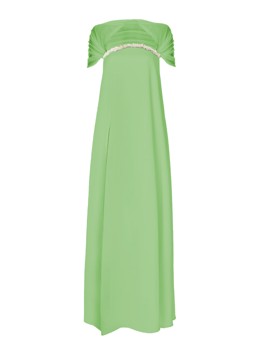 Green strapless dress with embellishments on a white background