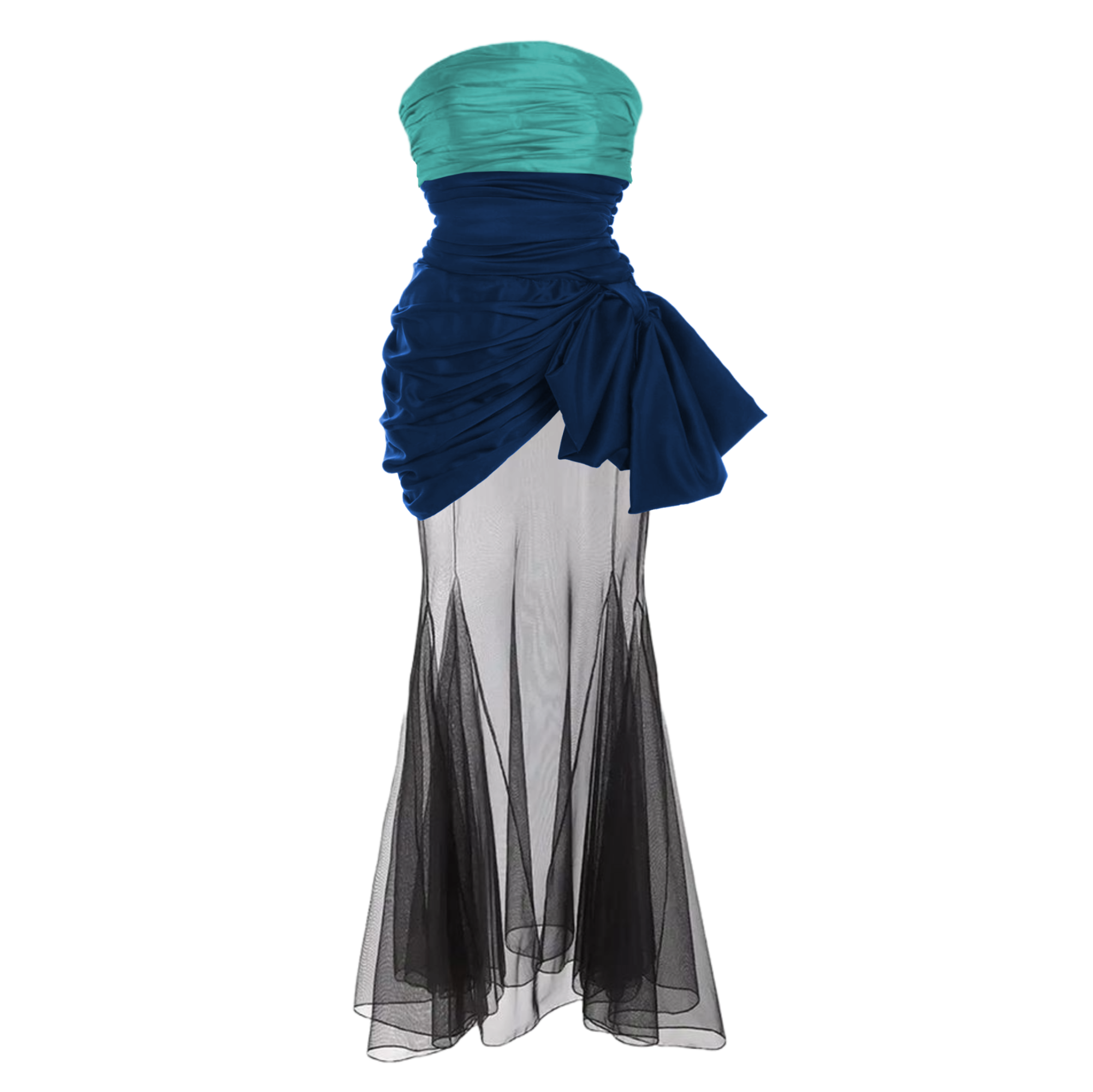 Two-tone strapless dress with teal top and blue skirt on a white background