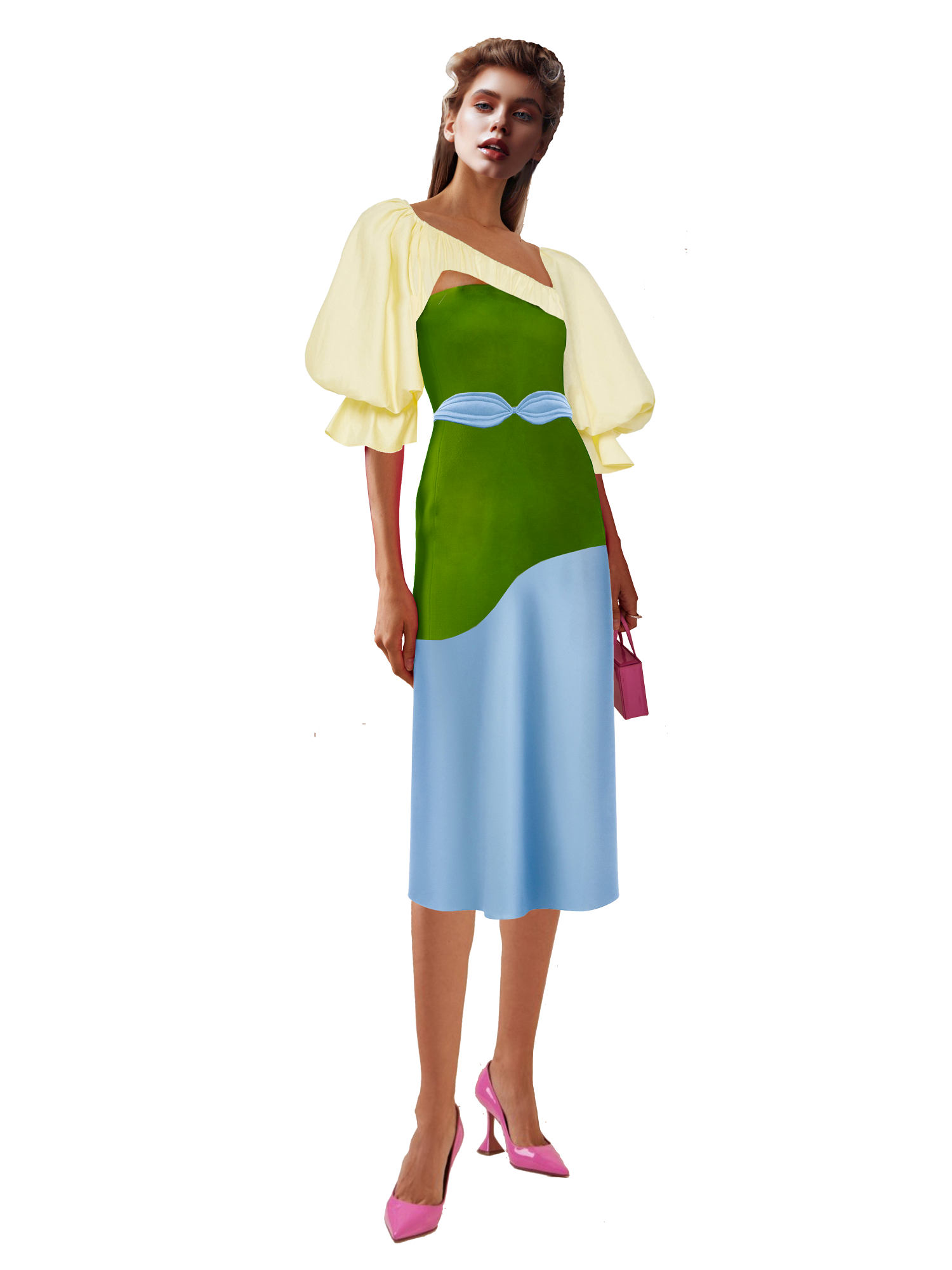 Woman wearing a green and blue dress with a yellow top on a white background