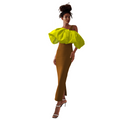 Woman wearing a mustard yellow dress with puffed sleeves on a white background