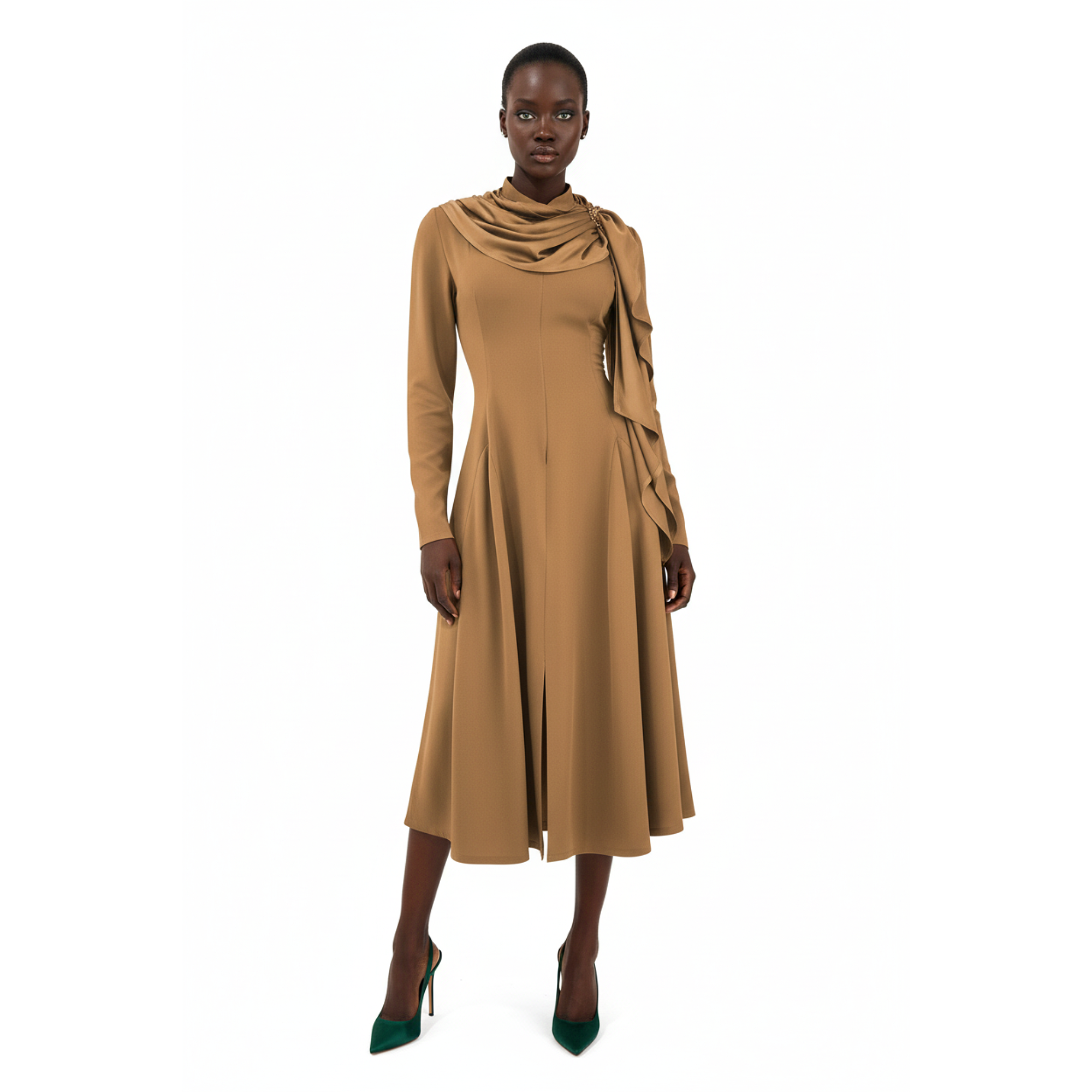 Woman wearing a brown dress with a matching hijab on a white background