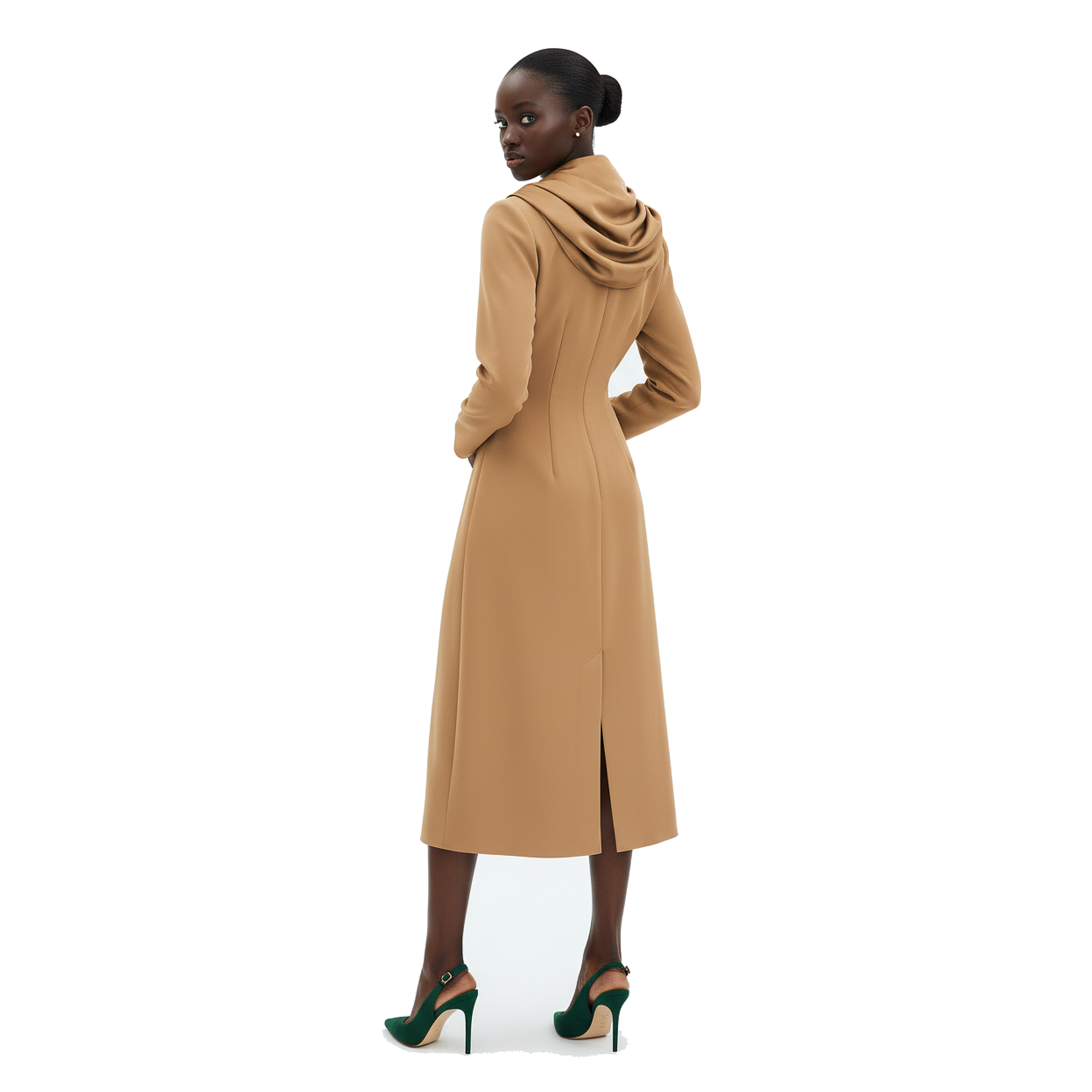 Woman wearing a long beige coat on a white background