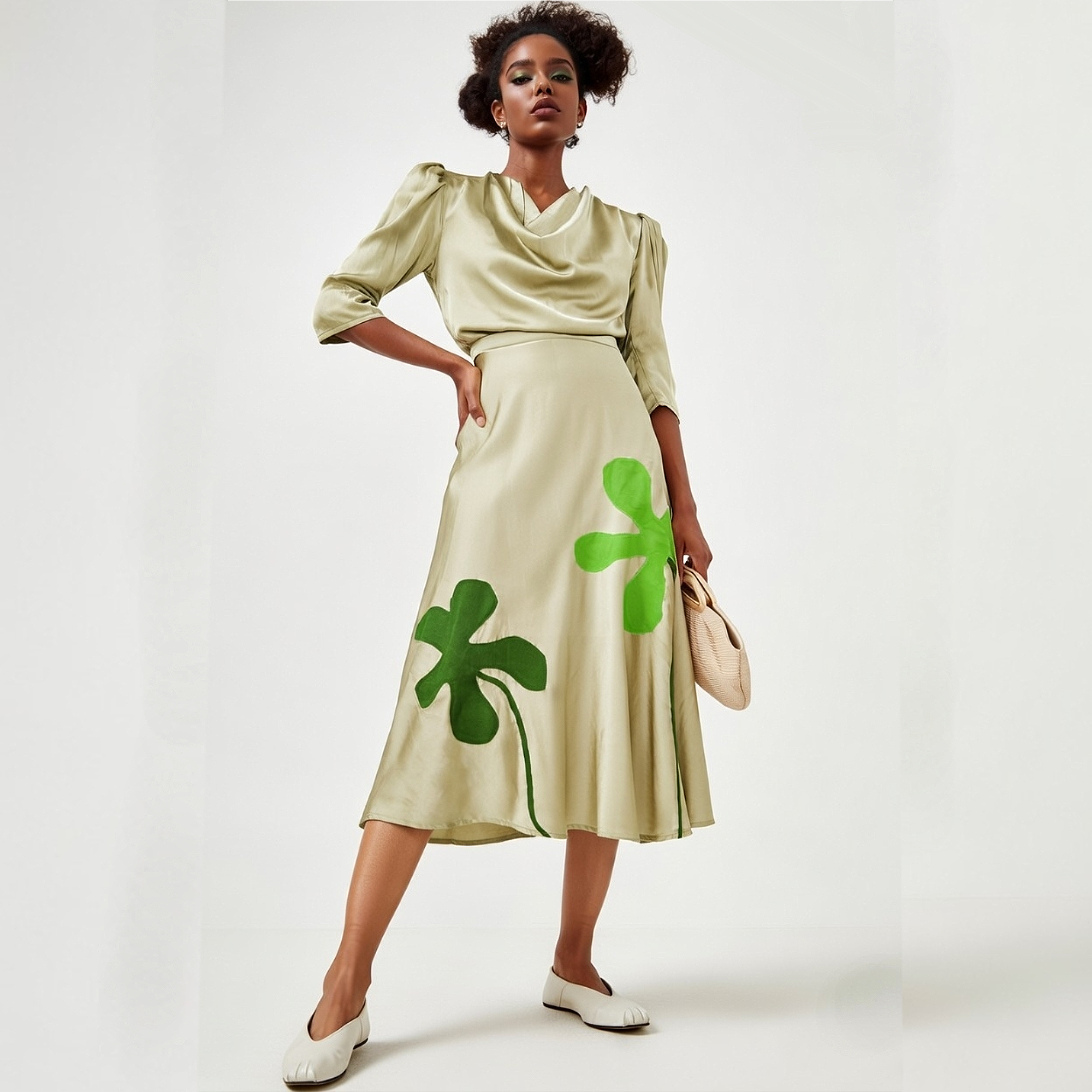 Woman wearing a beige dress with green clover patterns on a white background