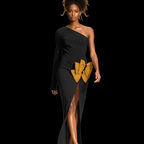 Woman wearing a black one-shoulder dress with a yellow bow on a black background